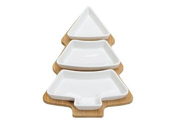 Service apéritif Sapin de Noël 3 bols en porcelaine, bambou blanc lot de 4, (L/H/P) 27x4x19cm