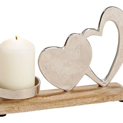 Portacandele in metallo, decorazione a cuore in legno di mango argento (L/A/P) 23x16x5 cm