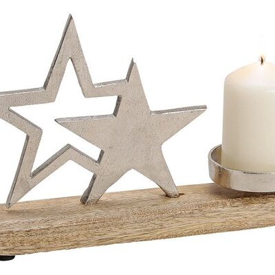 Kerzenhalter aus Metall/Mango Holz, Sterne Dekor, Silber (B/H/T) 25x16x5cm