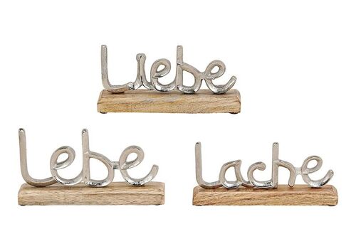 Aufsteller, Schriftzug Lache, Lebe, Liebe, aus Metall auf Mangoholz Silber, braun, 3-fach, (B/H/T) 22x11x5cm