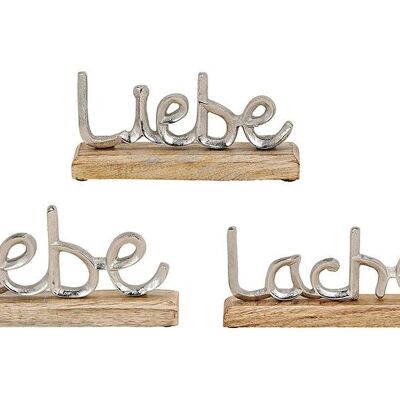 Support, lettrage Lache, Lebe, Liebe, en métal sur bois de manguier, argent, marron, 3 fois, (L / H / P) 22x11x5cm