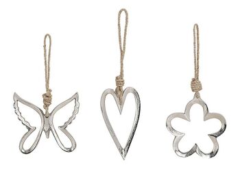 Coeur de suspension, fleur, papillon en métal argenté 3 fois, (L / H / P) 9x10x1cm