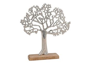 Pied d'arbre en métal sur socle en bois de manguier, marron argenté, (L/H/P) 30x33x5 cm