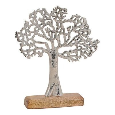 Soporte para árbol de metal sobre base de madera de mango, construcción plateada, (An/Al/Pr) 22x27x5 cm