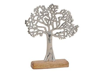 Pied d'arbre en métal sur socle en bois de manguier, construction argentée, (L/H/P) 22x27x5 cm
