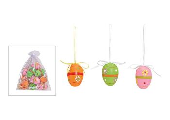 Ensemble d'oeufs de Pâques à suspendre, 4x6x4cm, en plastique. Ensemble coloré de 12 dans un sac en organza