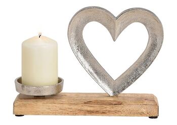 Bougeoir coeur en métal, bois de manguier argenté (L / H / P) 24x18x8cm