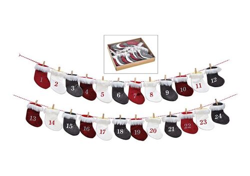 Adventskalender aus Polyester, 24 Socken (B/H) 9x13cm, Rot/Schwarz/Weiß 220cm