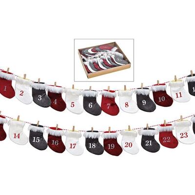 Calendario dell'avvento in poliestere, 24 calzini (L/A) 9x13 cm, rosso/nero/bianco 220 cm