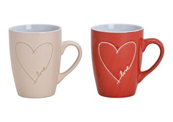 Mug décor coeur, amour en faïence rouge, beige 2 plis, env. 280 ml (L / H / P) 11x11x8cm