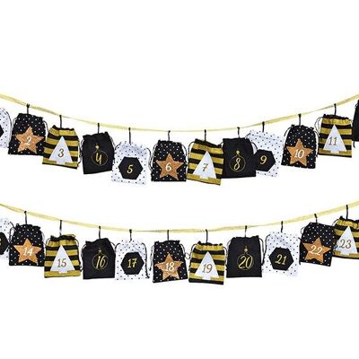 Calendario dell'avvento in tessuto, 24 sacchetti (L/A) 10x12 cm, nero/oro/bianco 260 cm