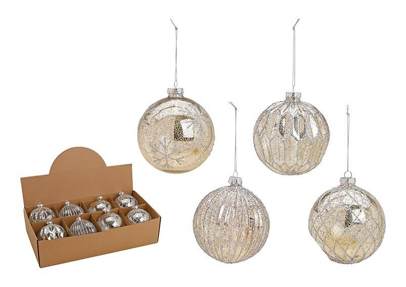 Palla di Natale glitterata in vetro, 4 volte, argento Ø10cm