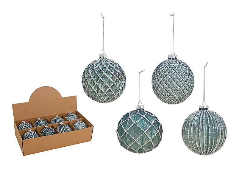 Palla di Natale glitterata in vetro, 4 volte, turchese/argento Ø10cm