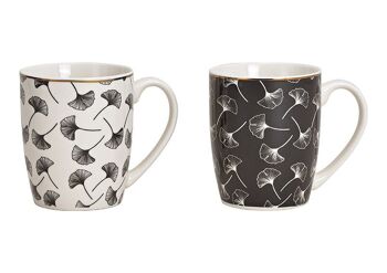 Mug décor feuille de Ginkgo en porcelaine noir, blanc avec or 2 fois, (L/H/P) 12x10x8cm 300ml