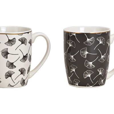 Tazza con decoro a foglia di Ginkgo in porcellana nera, bianca con oro 2 volte, (L/A/P) 12x10x8 cm 300 ml