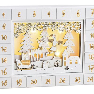 Calendario dell'avvento bosco invernale in legno, bianco, con 5 luci LED (L/A/P) 35x27x6 cm