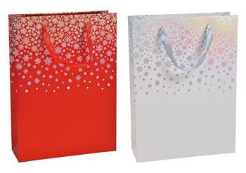 Sac cadeau décoration flocon de neige en papier/carton rouge, blanc 2 plis, (L/H/P) 25x34x8cm
