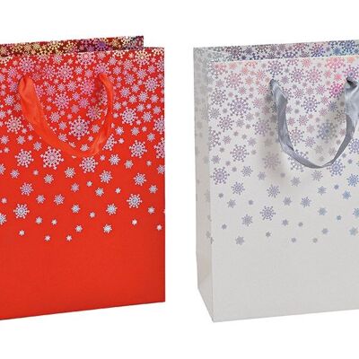 Bolsa de regalo con decoración de copos de nieve de papel/cartón rojo, blanco 2 pliegues, (An/Al/Pr) 18x23x8cm