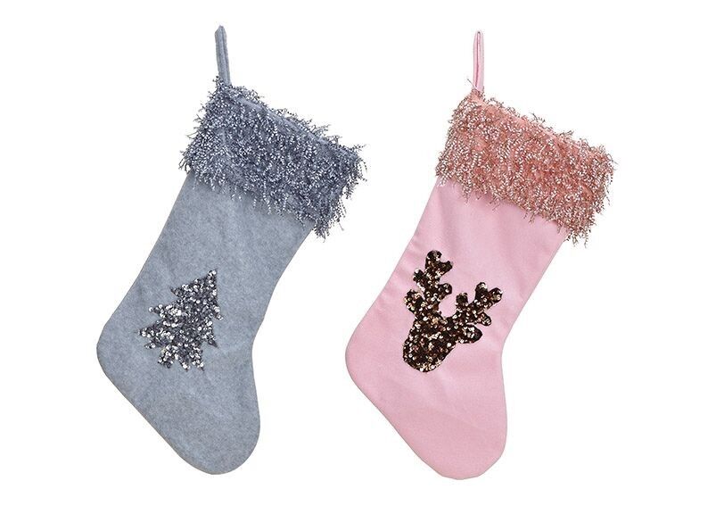 Santa Claus boots, tree, deer decoration made of textile grey, pink/rose 2-fold, (W/H/D) 27x50x2cm