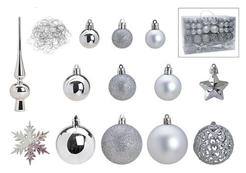 Weihnachtskugeln aus Kunststoff, 111er-Set, Silber Ø3/4/6cm (B/H/T) 36x23x12cm