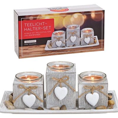 Portacandele set da 3 con pendenti a cuore in legno di pino, vetro bianco, set da 5, (L/A/P) 28x13x11 cm