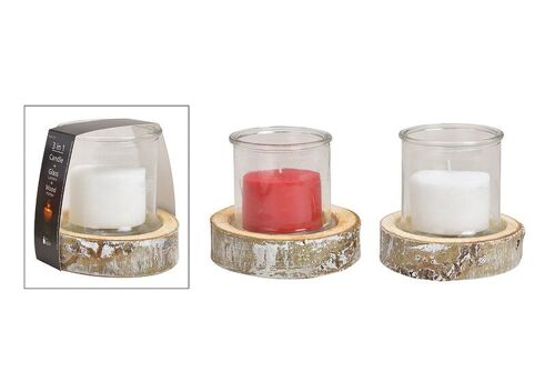 Windlicht Set, 3 in one, Glas 13x13cm Wooden Sockel, 16x4x16cm, Kerze 8,8x6cm aus Glas Weiß, Rot, 2-fach, (B/H/T) 15x16x15cm