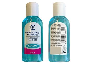 Gel nettoyant hygiénique pour les mains, 50 ml env. 70% d'alcool certifié selon la réglementation cosmétique, DLUO jusqu'en 2023, virucide contre virus, bactéries et champignons