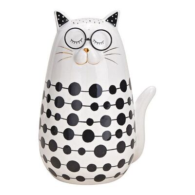 Gatto con occhiali in ceramica bianca, (L/A/P) 17x24x14cm