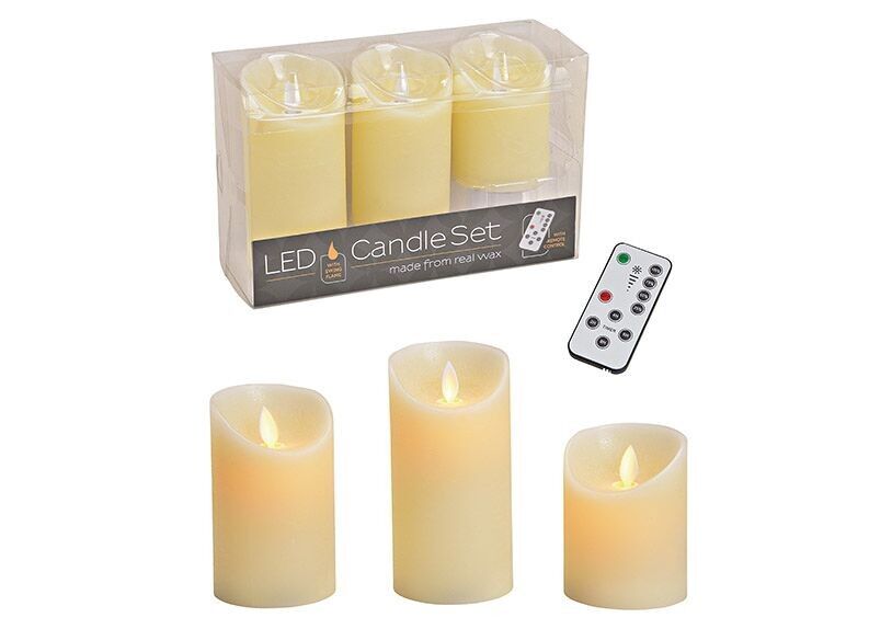 Kerzen 3er Set LED, Flackerlicht, mit Fernbedienung, aus Wachs, Cream, (B/H/T) 7,5x15x7,5cm, 7,5x12,5x7,5cm, 7,5x10x7,5cm