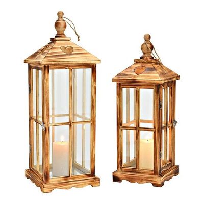 Set di lanterne in legno, vetro marrone, set di 2, (L / A / P) 22x62x22 cm 16x45x16 cm