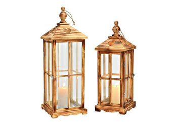 Set de lanternes en bois, verre brun, lot de 2, (L / H / P) 22x62x22cm 16x45x16cm