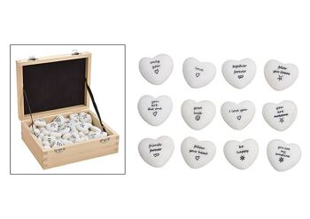 Coeur avec dictons en marbre blanc 6 fois, (L / H / P) 3x3x1.5cm 72 pièces dans une boîte en bois