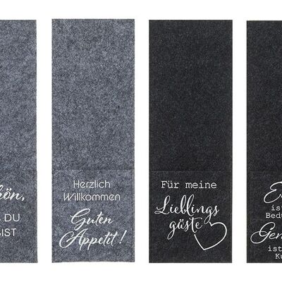 Bolsa para cubiertos con frases de fieltro gris, 4 pliegues, (ancho/alto) 9x26cm