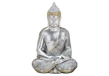 Bouddha en poly argent (L / H / P) 13x21x11cm