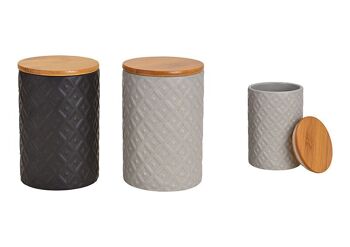 Pot de conservation décor rétro en porcelaine avec couvercle en bambou noir, gris 2 compartiments, (L/H/P) 10x14x10cm 800ml