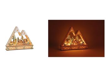 Maison de scène d'hiver dans la forêt avec 12 éclairages LED en bois coloré (L/H/P) 35x29x8cm