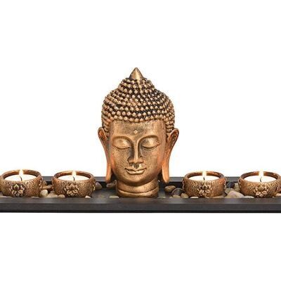 Buddha mit 4er Teelichthalter, Holztablett, Dekosteine, aus Poly Gold (B/H/T) 41x17x11cm