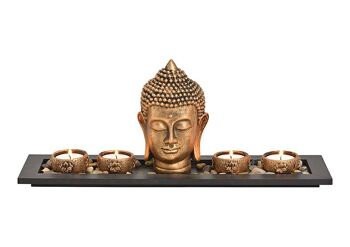 Bouddha avec 4 photophores, plateau en bois, pierres décoratives, en poly or (L/H/P) 41x17x11cm