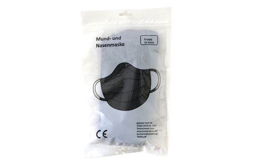 Mund-Nasen-Maske 10er Set, 3-lagiger Mundschutz, Schwarz