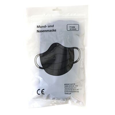 Mund-Nasen-Maske 10er Set, 3-lagiger Mundschutz, Schwarz