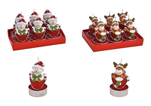 Teelicht-Set Elch, Schneemann im Eimer 4x7x4cm aus Wachs Bunt 6er Set, 2-Fach, (B/H/T) 13x7x9cm