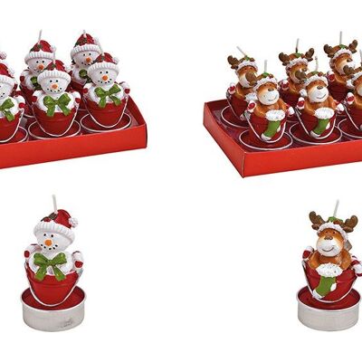 Tealight set moose, snowman in a bucket 4x7x4cm made of wax colored set of 6, 2-fold, (W/H/D) 13x7x9cm