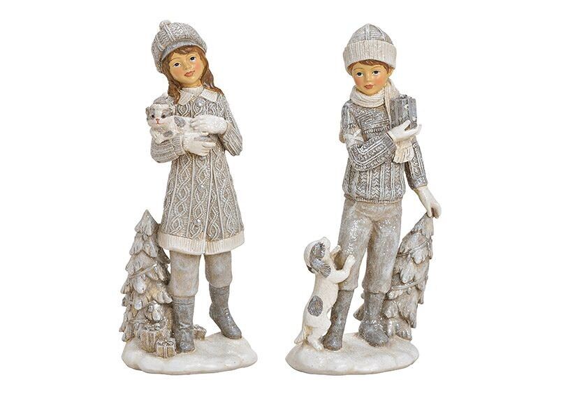 Winterkind mit Hund, Katze aus Poly Grau 2-fach, (B/H/T) 10x22x7cm