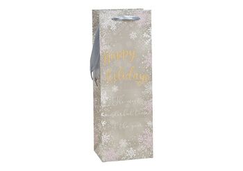 Sac à bouteilles décor Happy Holiday en papier/carton argenté (L/H/P) 12x35x9cm