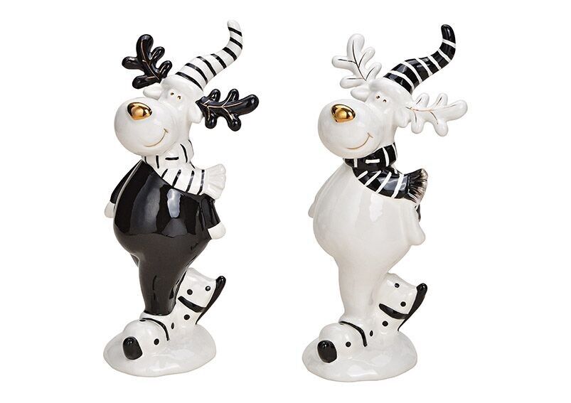 Cervo con pattini da ghiaccio in ceramica nero, bianco 2 volte, (L/A/P) 9x20x9 cm