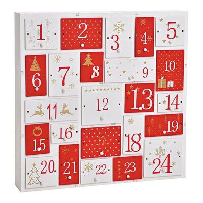 Calendario de Adviento de madera, rojo/blanco (An/Al/Pr) 32x32x5cm