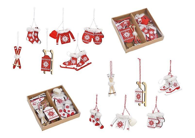 Weihnachtshänger Set, Schlitten, Schlittschuhe, Skier und Zubehör 6-10 cm aus Holz Rot, weiß 6er Set, 2-fach, (B/H/T) 16x16x2cm