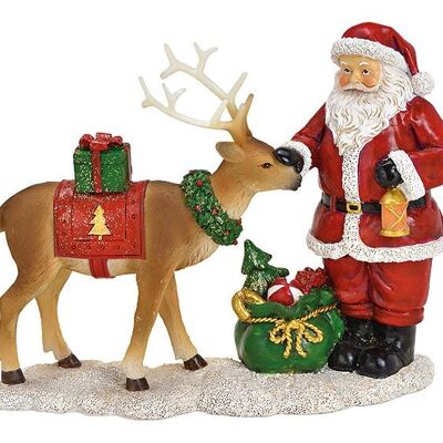 Babbo Natale con cervo in poliestere colorato (L/A/P) 19x15x8 cm