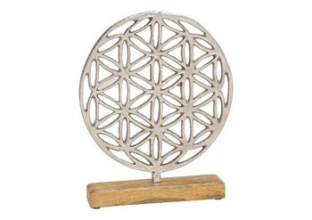 Support Fleur de Vie en métal argenté sur socle en bois de manguier (L/H/P) 23x28x5cm