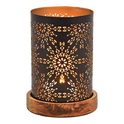 Lantern on wooden base flower decoration made of metal black (W/H/D) 10x18x10cm